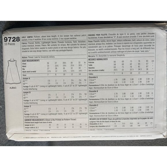 Simplicity Girl's Dress and Jumper Sewing Pattern Sz 7-10 9728 - Uncut - Picture 3 of 4